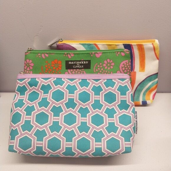Clinique Makeup Cosmetics Bags Lot Of 3 Marimekko Jonathan Adler Colorful Travel - Picture 1 of 6